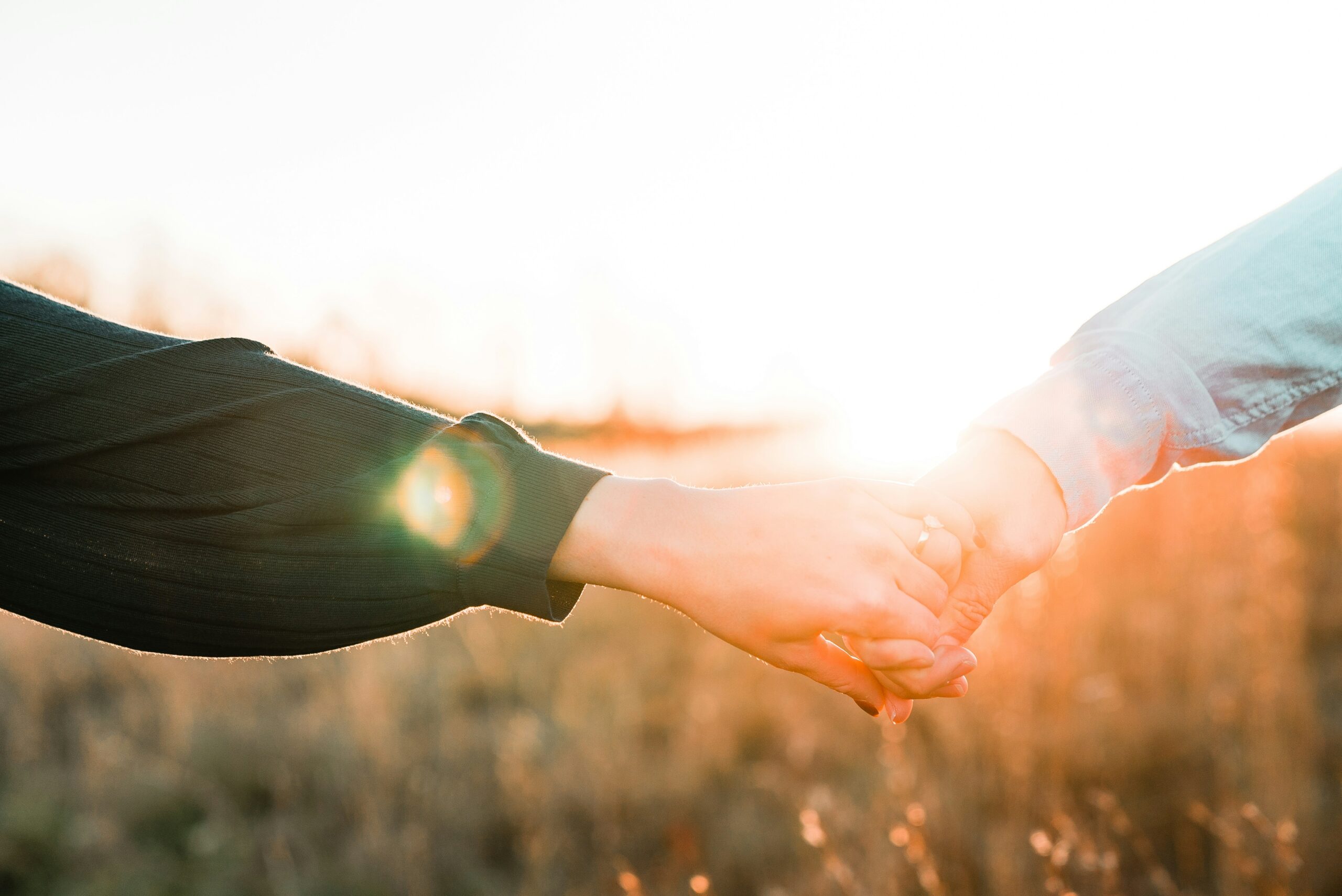 Two people holding hands in warm evening sunlight, their arms reaching toward each other with softness and connection.